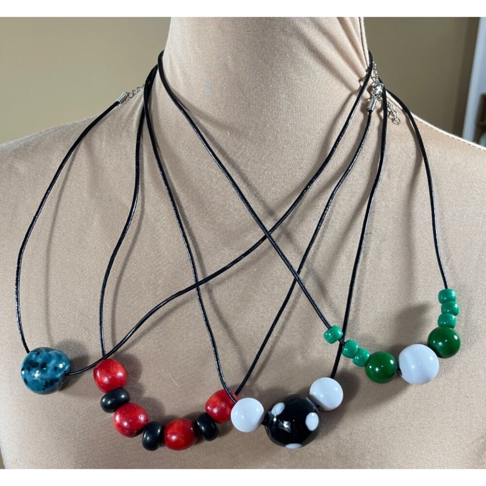 4 Beaded Necklaces Round Clasp Blue Black Red White Green
